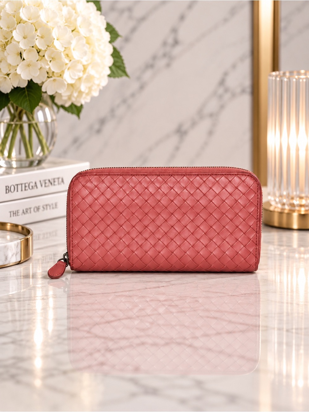 Bottega Veneta Dust Rose Pink Intrecciato Leather Long Zip Wallet Full Inclusion